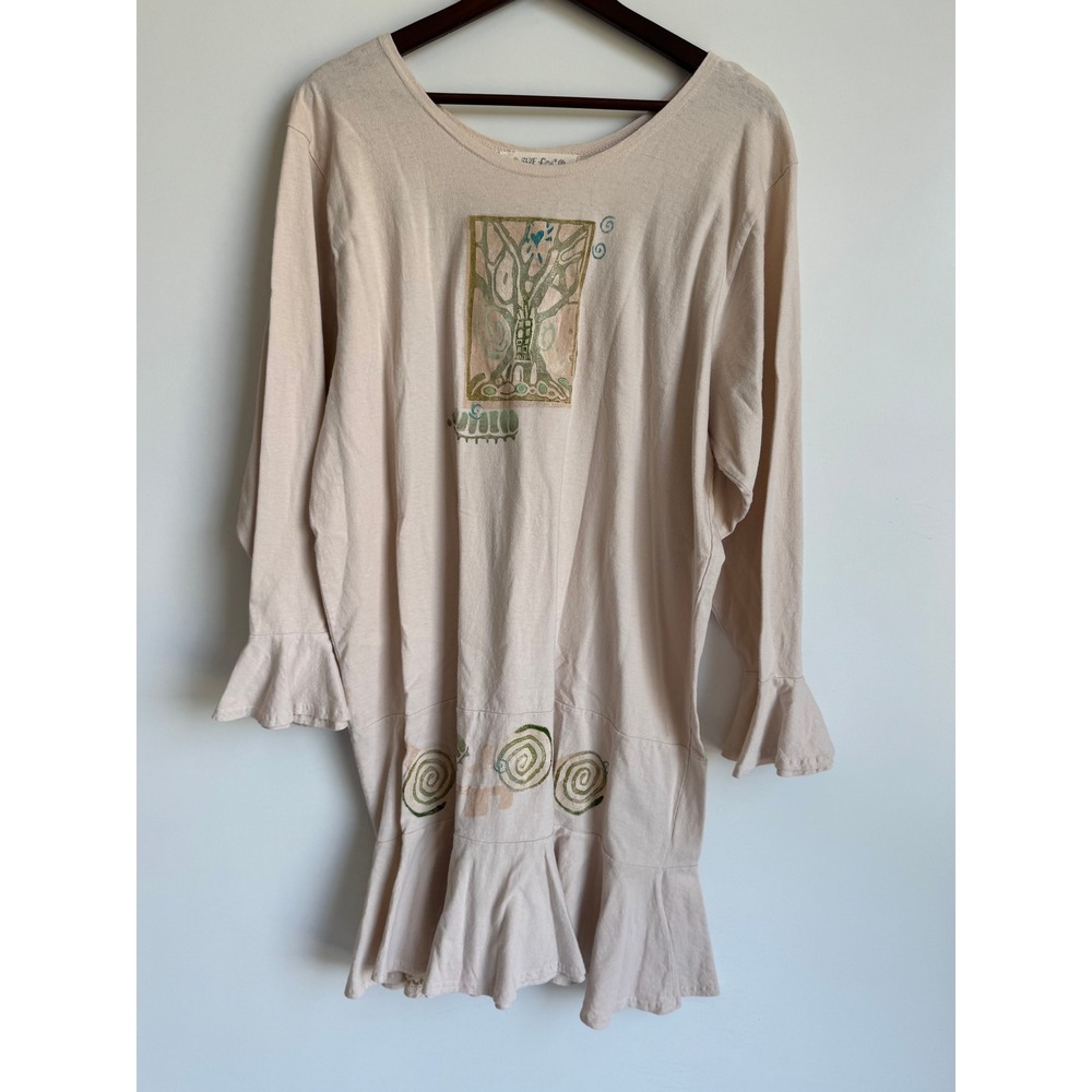 Bluefish Cream Handpainted Organic Cotton Dress Ruffle Sleeve Art Size 1 / 18 20